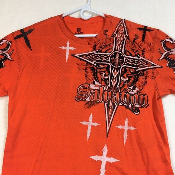 CJ Black Salvation T Shirt‎ Mens XL Orange All Over Graphics Hip hop Punk Rock - Picture 1 of 7